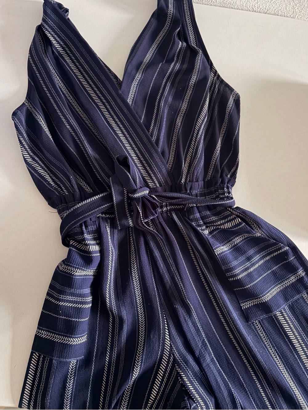Navy Striped Wrap Jumpsuit- M